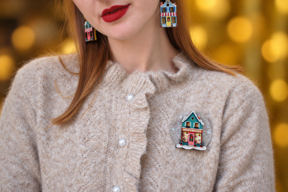 Sweet shop snow globe brooch detail, LaliBlue Christmas jewelry, candy, gingerbread