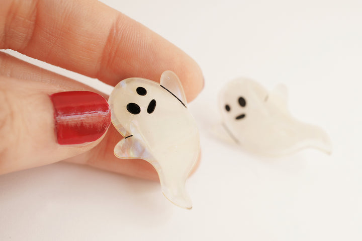 Pearlescent Halloween ghost earrings detail — acrylic spooky novelty jewelry — LaliBlue Midnight Cinema