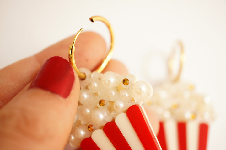 Cinema popcorn hoop earrings size reference — gold hoop Halloween cinema acrylic jewelry — LaliBlue Midnight Cinema