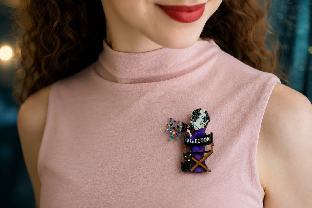 Bride of Frankenstein brooch worn — classic monster Halloween acrylic jewelry — LaliBlue Midnight Cinema