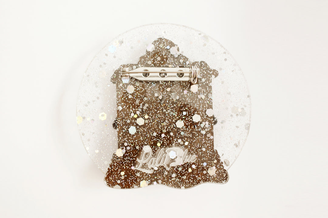 Toy shop snow globe brooch scale view, LaliBlue Christmas jewelry, pre-order