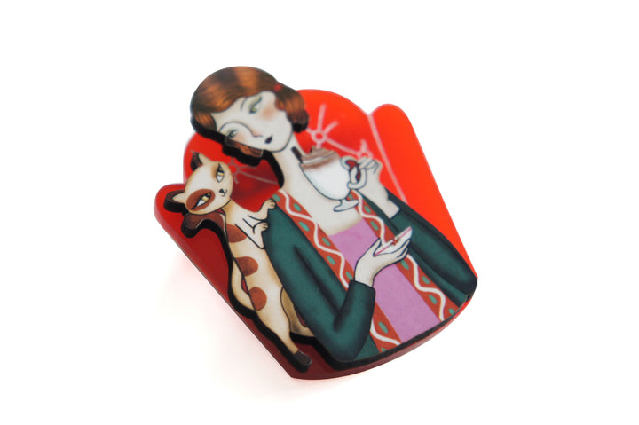 Girl and Cat with Eggnog Brooch