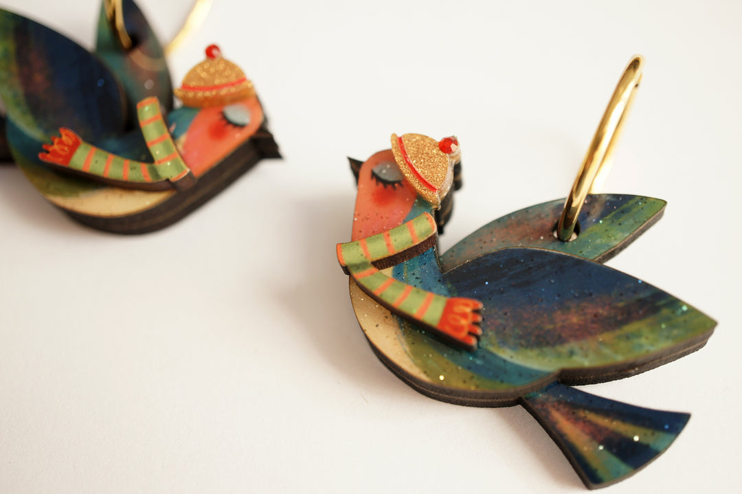 Winter birds earrings worn, LaliBlue Christmas jewelry, birds, hoop earrings