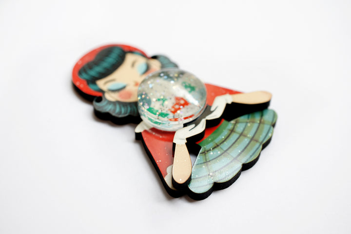 Girl with Snowman Snow Globe Brooch