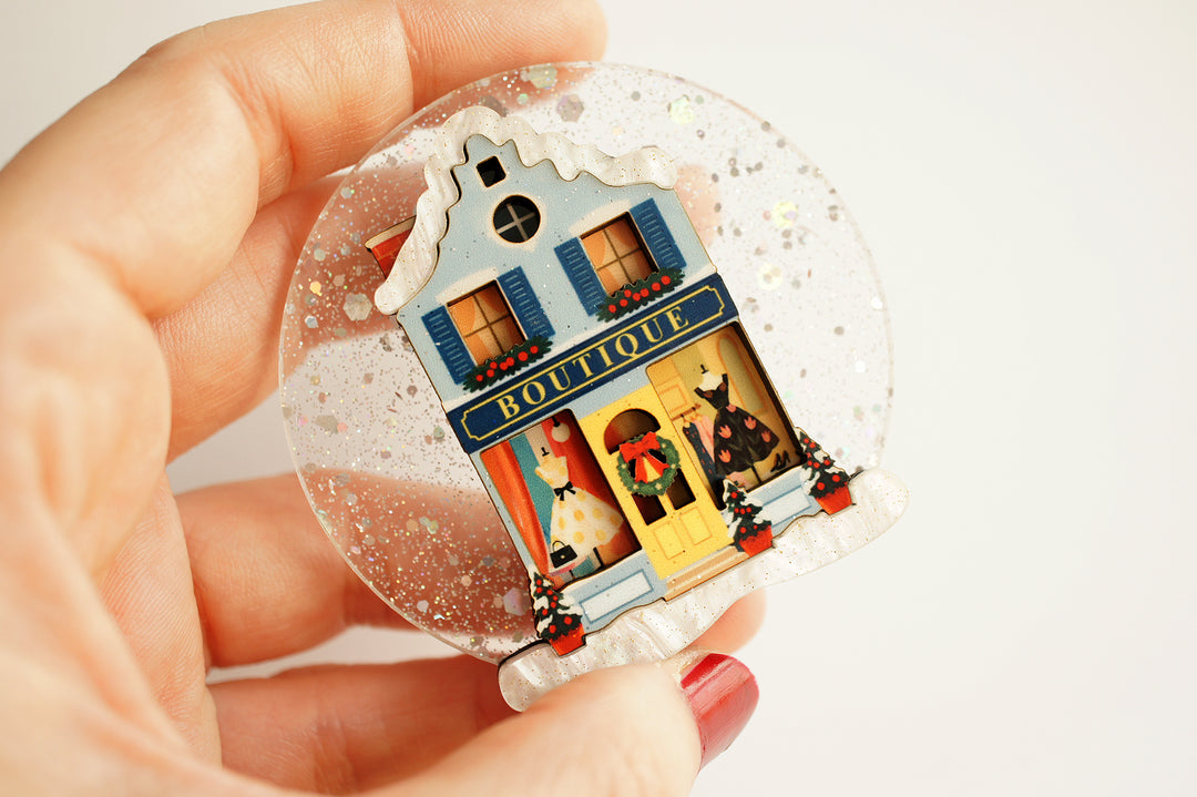Christmas boutique brooch worn, LaliBlue Christmas jewelry, snow globe brooch
