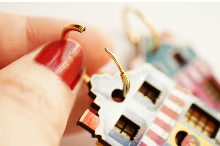Christmas cottage earrings scale view, LaliBlue Christmas jewelry, pre-order