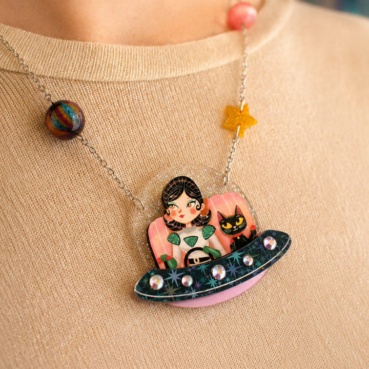 UFO Girl and Space Cat Necklace by Laliblue | Space Adventures Collection