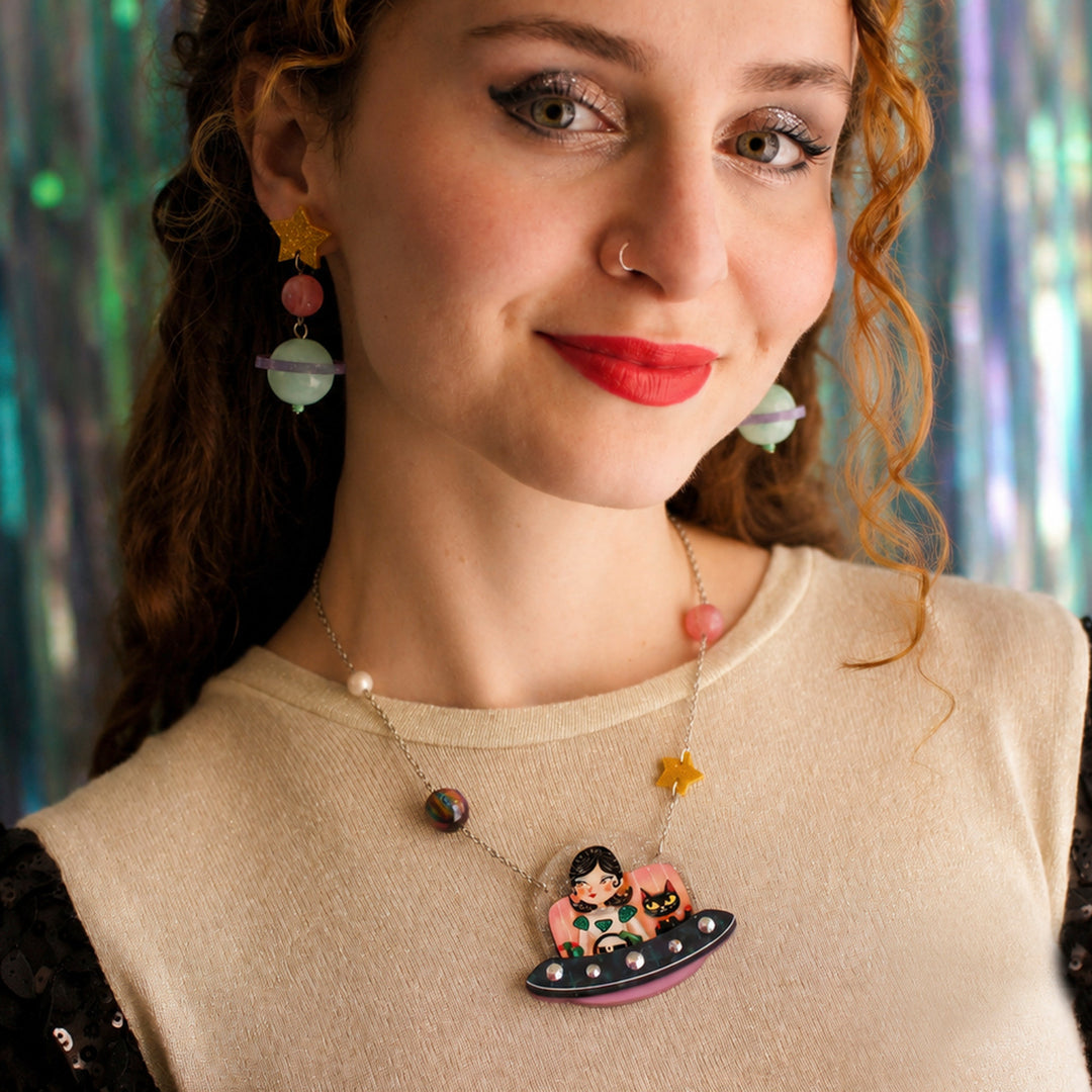 UFO Girl and Space Cat Necklace by Laliblue | Space Adventures Collection