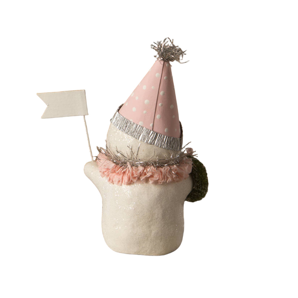 Decorative snowman figurine with a pink hat, flag and wreath by Bethany Lowe