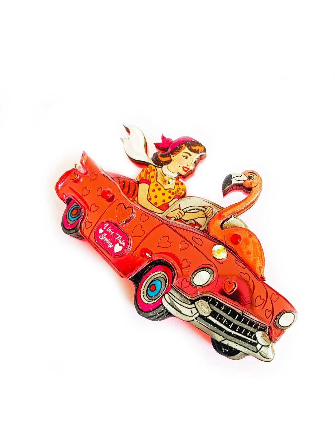 Frankie & the Flamingo Car Brooch by Rosie Rose Parker
