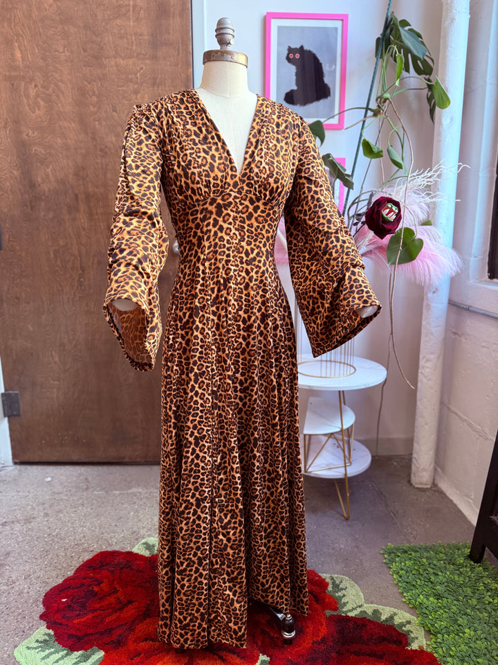 Raquel Maxi Dress with Bell Sleeves in Leopard Print Knit