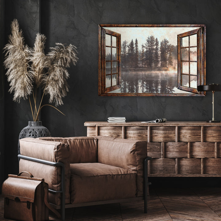 Foggy Autumn Lake View By The Window Canvas Wall Art