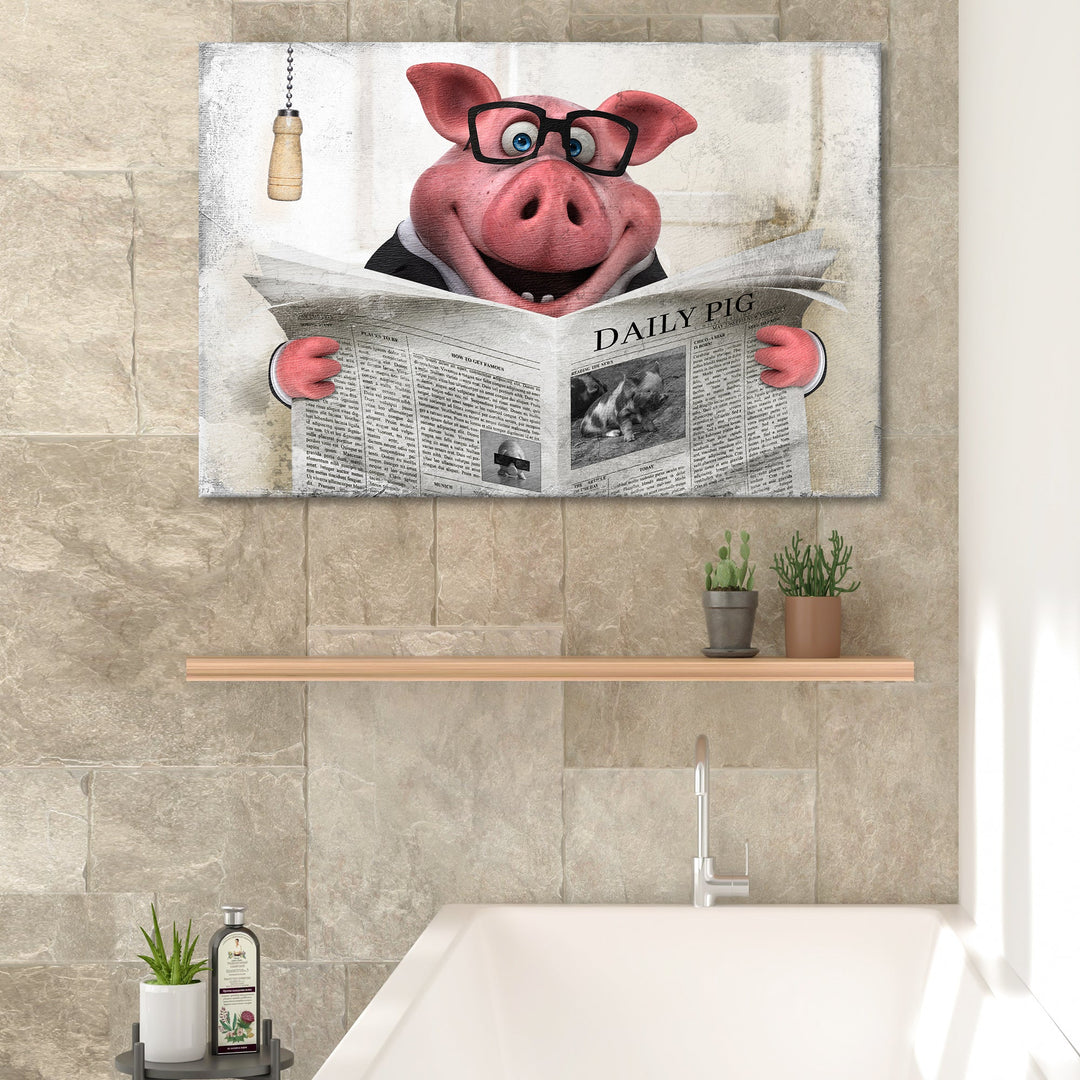 Grand Pig Reading Newspaper Canvas Wall Art