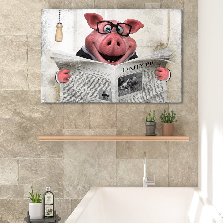 Grand Pig Reading Newspaper Canvas Wall Art