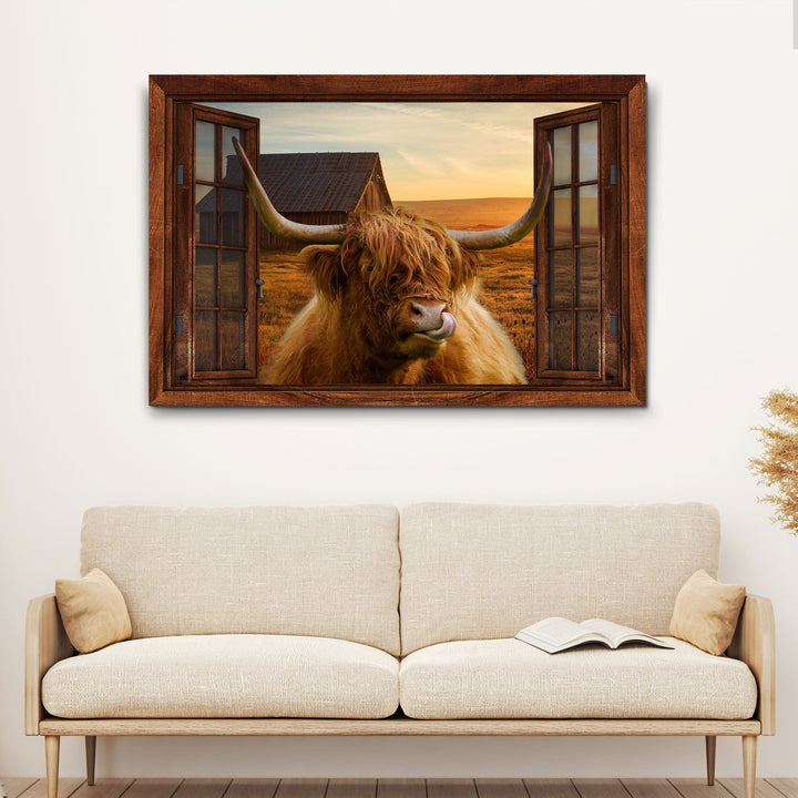 Highland Cow Window View Canvas Wall Art