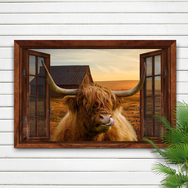 Highland Cow Window View Canvas Wall Art