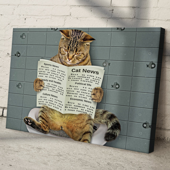 Cat Toilet Reading Newspaper Canvas Wall Art