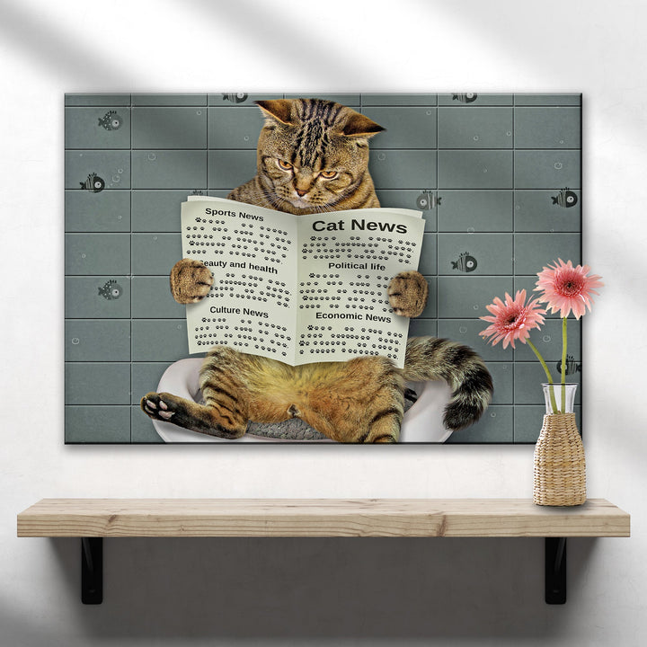 Cat Toilet Reading Newspaper Canvas Wall Art