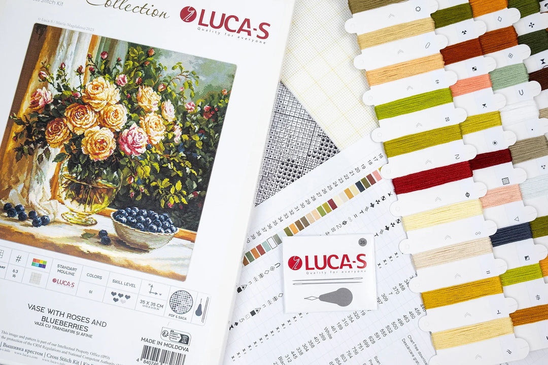 Vase with Roses and Blueberries Counted Cross-Stitch Kit by Luca-S B719L