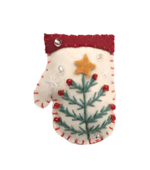 2" Pin- White Mitten w/Green Tree