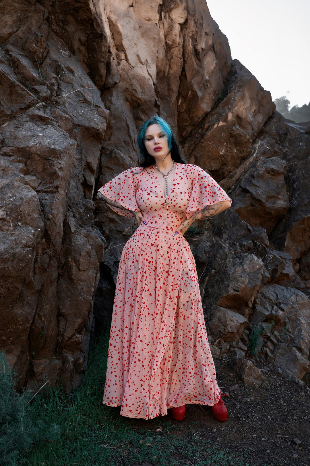 Lydia Wrap Dress in Pink Queen of Hearts flocked mesh