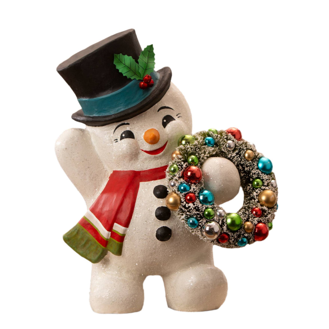 BETHANY LOWE SNOWMAN VINTAGE WITH BOTTLE BRUSH WREATH