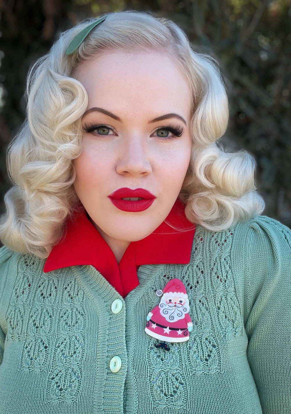 jolly old elf santa brooch lipstick and chrome johanna parker pink