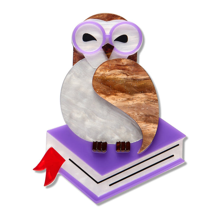Studious Snow Owl Brooch by Erstwilder - front view on white background