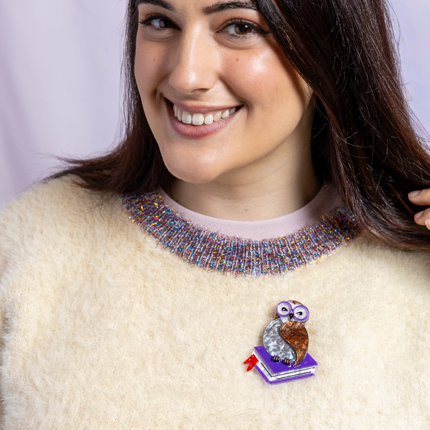 Studious Snow Owl Brooch by Erstwilder - back detail view