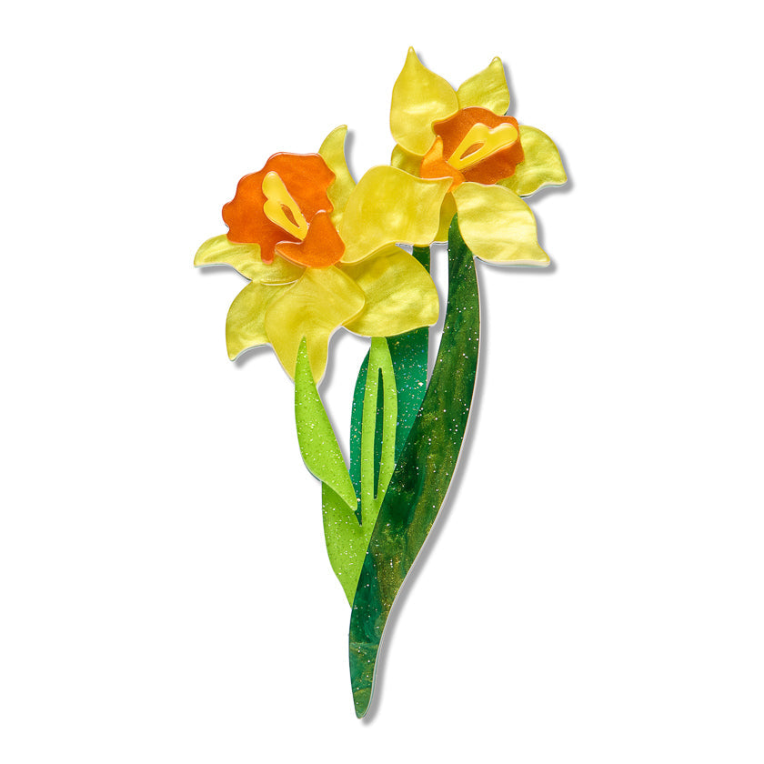 Garden Goddess Daffodil Brooch by Erstwilder - front view on white background