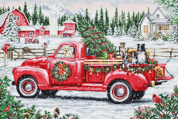 Red Christmas Truck Counted Cross-Stitch Kit by Luca-S BU5101L
