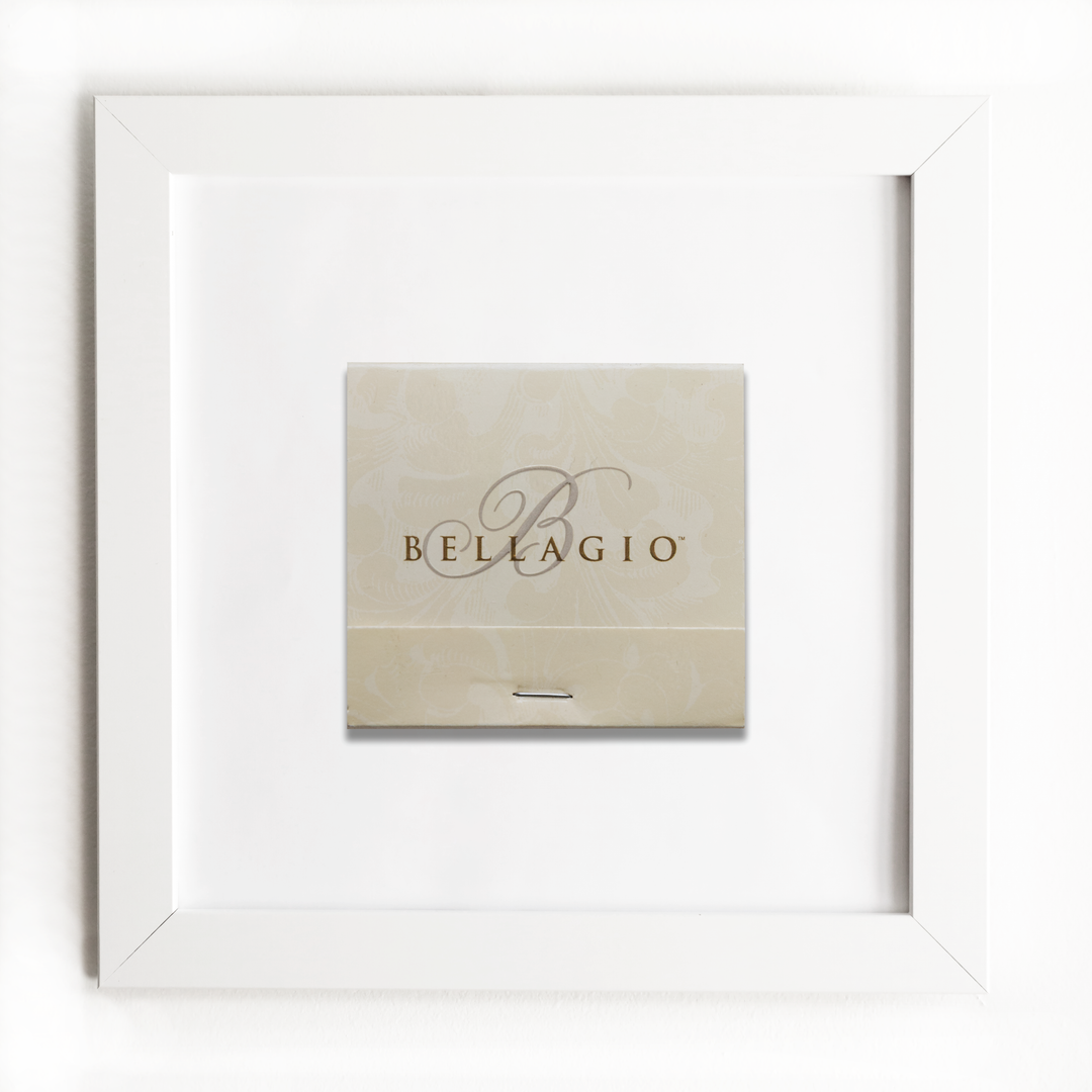 Matchbox with 'Bellagio' branding in a white frame