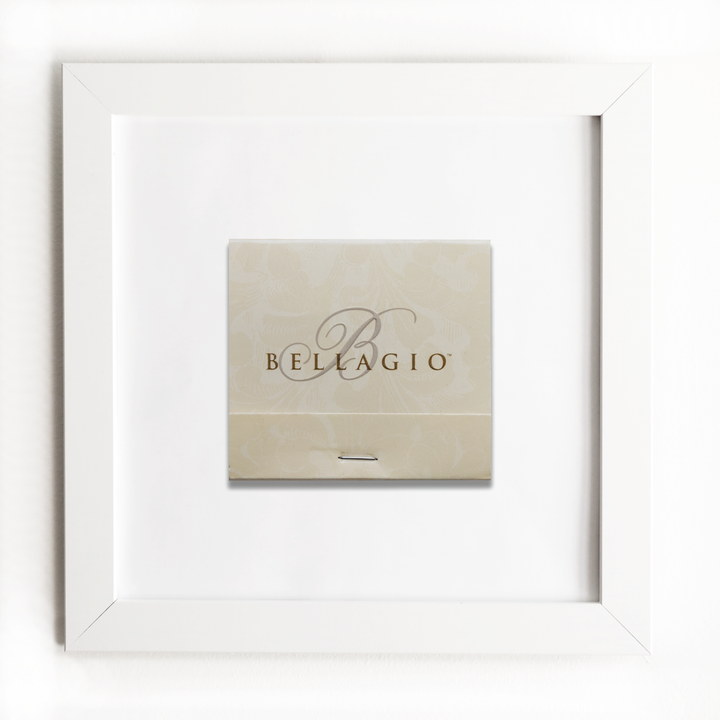 Matchbox with 'Bellagio' branding in a white frame
