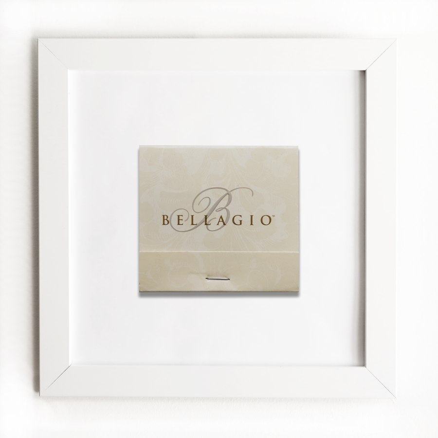Matchbox with 'Bellagio' branding in a white frame
