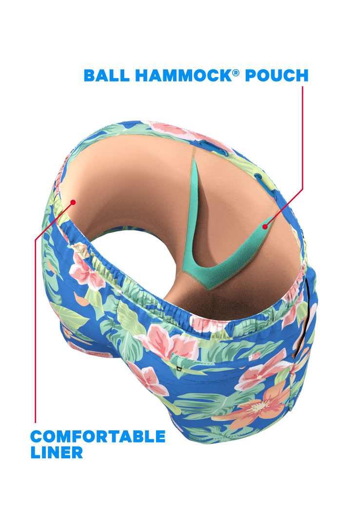 The Boardwalk | Blue and Orange Tropical Ball Hammock® Pouch 8" Swim Trunks