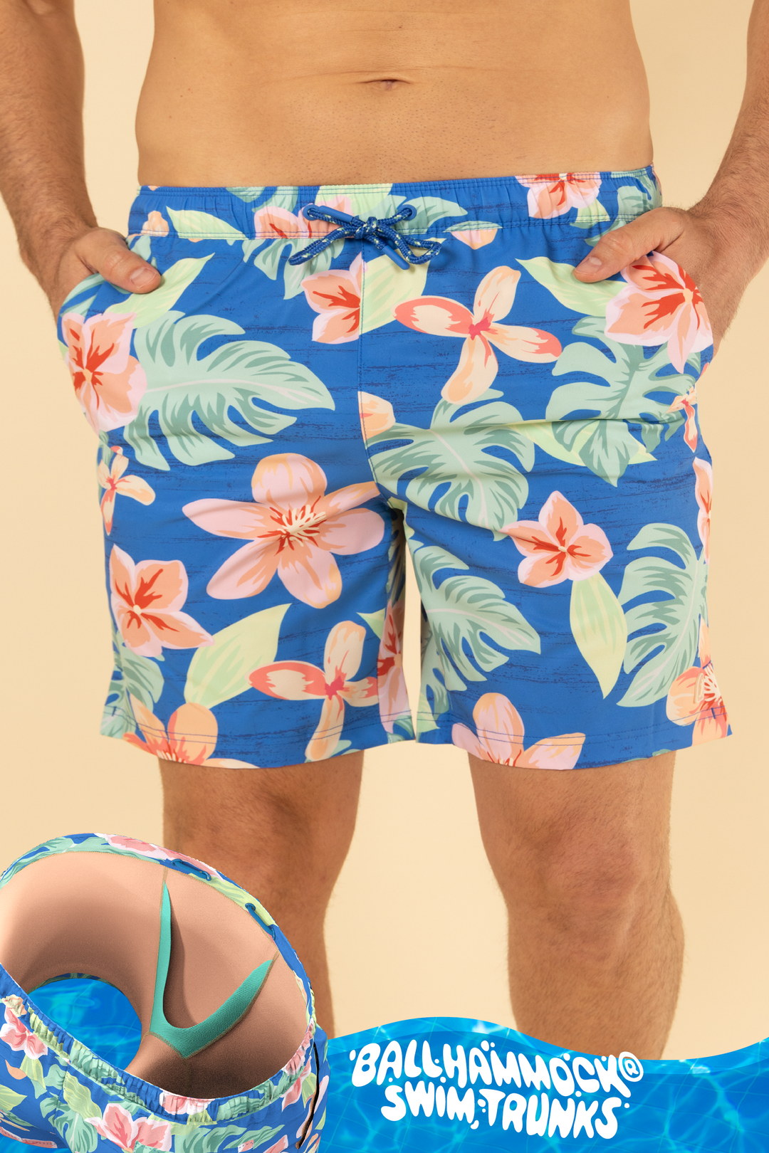 The Boardwalk | Blue and Orange Tropical Ball Hammock® Pouch 8" Swim Trunks