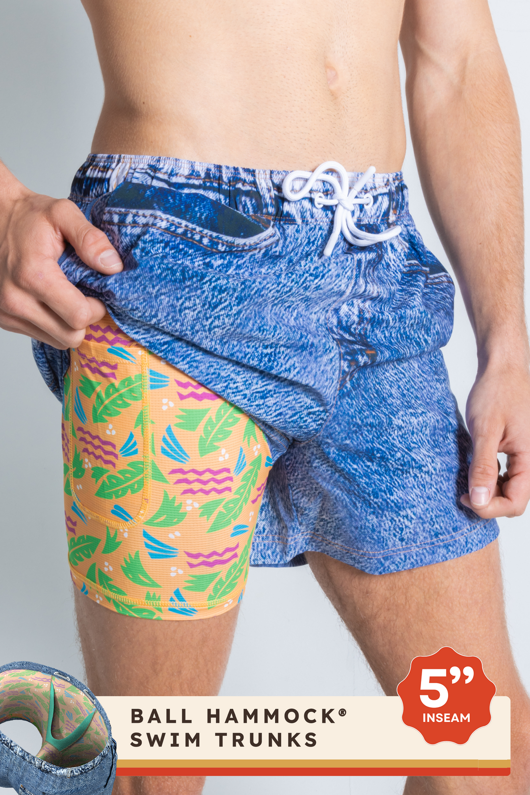 The Boogie Board Lord  | Denim Tropical Ball Hammock® Pouch 5" Swim Trunks