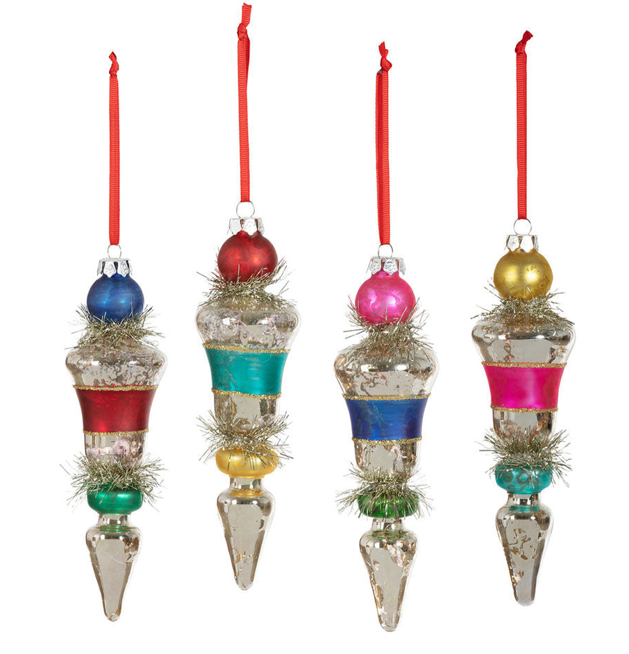 Retro Stripe and Tinsel Finial Ornament Set of 4