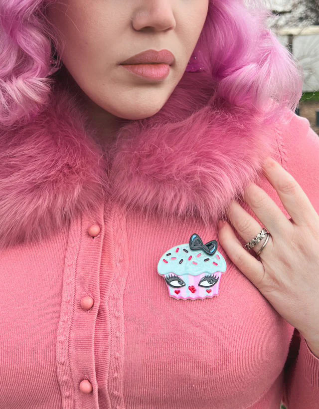 Cupcake Cutie Brooch by Miss Fluff x Lipstick & Chrome — Vintage Sweet Treat Acrylic Pin