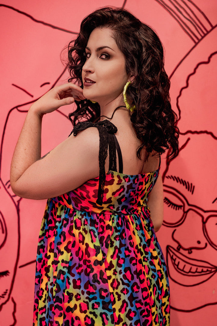 Josie Babydoll Dress in Rainbow Leopard Mesh