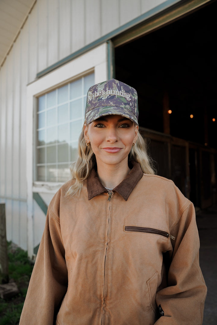 He's Hunting - Camo Vintage Trucker Hat