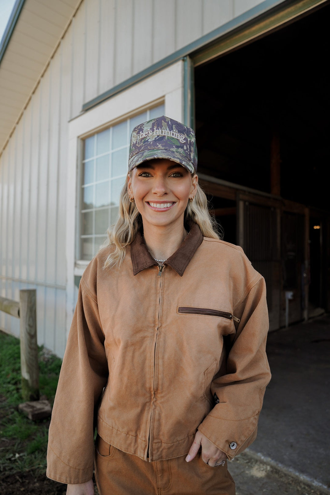 He's Hunting - Camo Vintage Trucker Hat