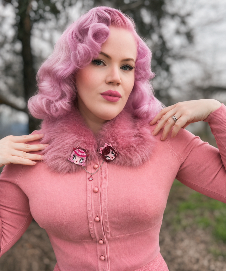 Dolly Sisters Double Brooch by Miss Fluff x Lipstick & Chrome — Vintage kewpie Character Duo Pin