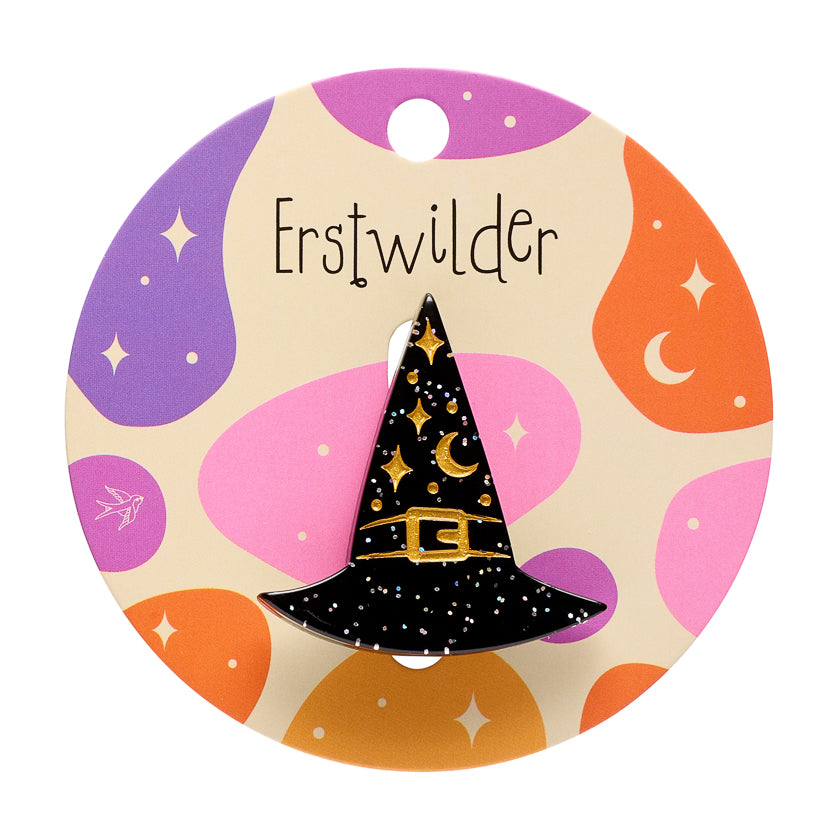 A Witchy Hat Simplified Mini Brooch by Erstwilder shown with gift box | Midnight Mischief Halloween Collection