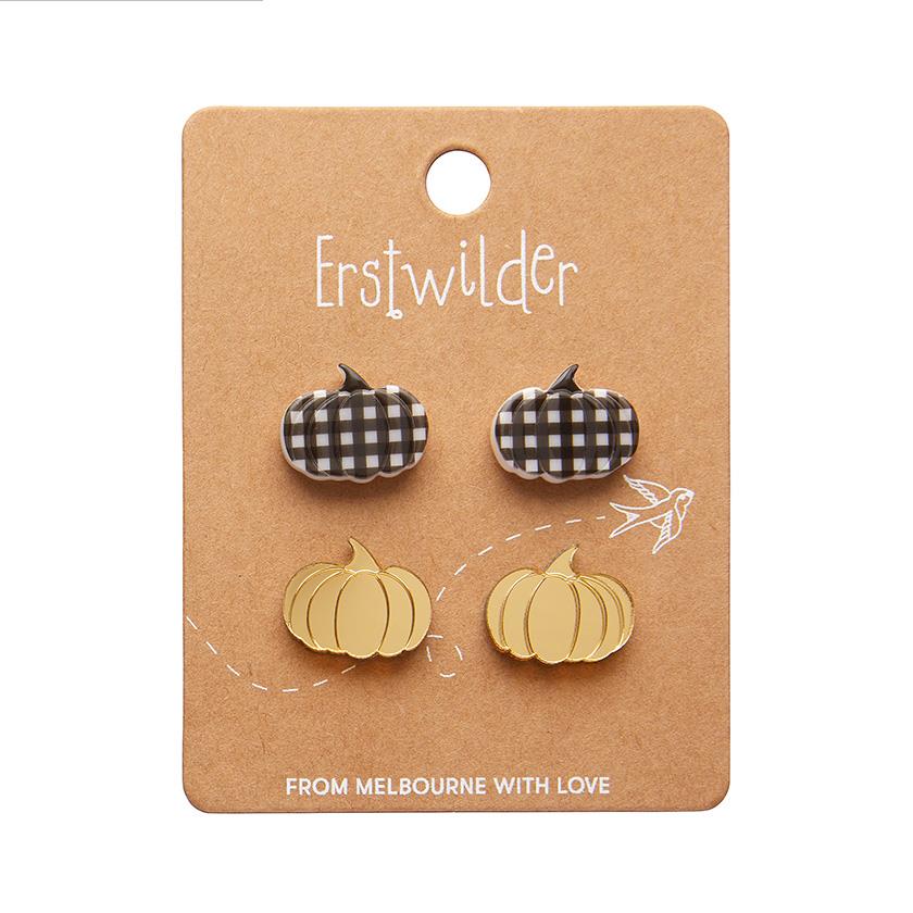 Pumpkin Patch Stud Earrings Set - Gold & Black Gingham by Erstwilder