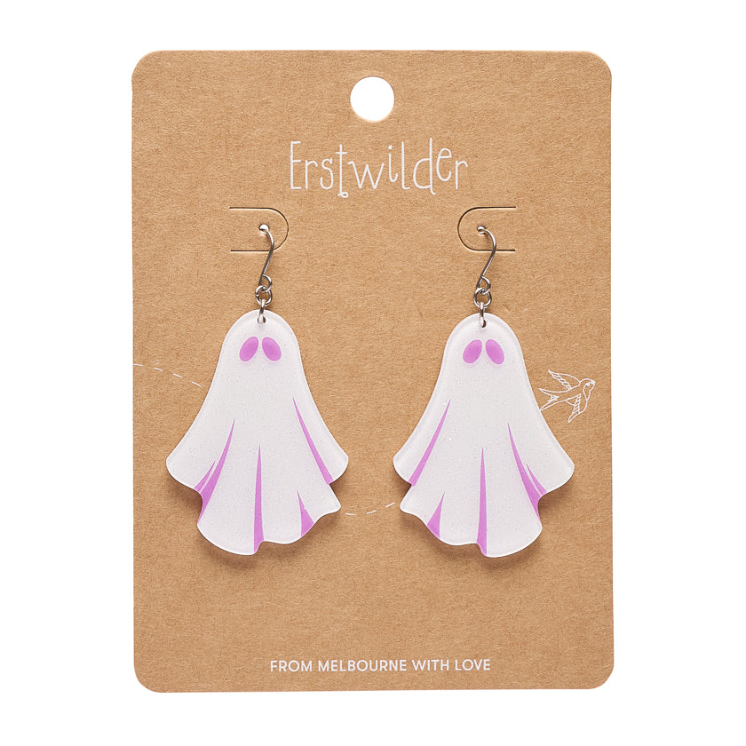 Ghostie Drop Earrings White by Erstwilder shown with gift box | Midnight Mischief Halloween Collection