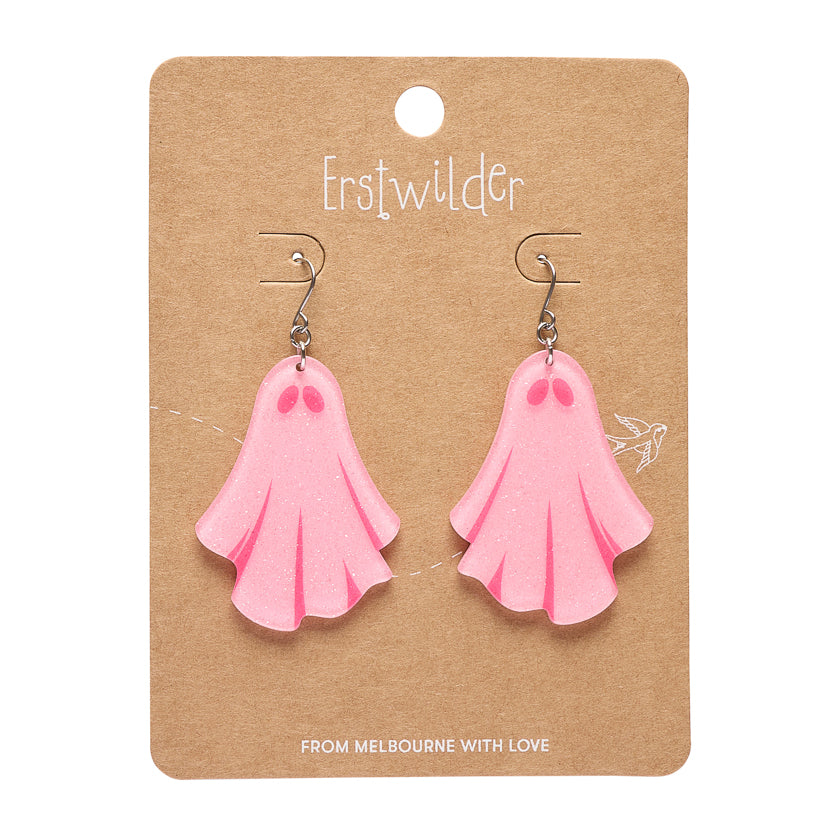 Ghostie Drop Earrings Pink by Erstwilder shown with gift box | Midnight Mischief Halloween Collection