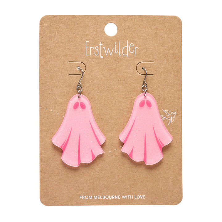 Ghostie Drop Earrings Pink by Erstwilder shown with gift box | Midnight Mischief Halloween Collection