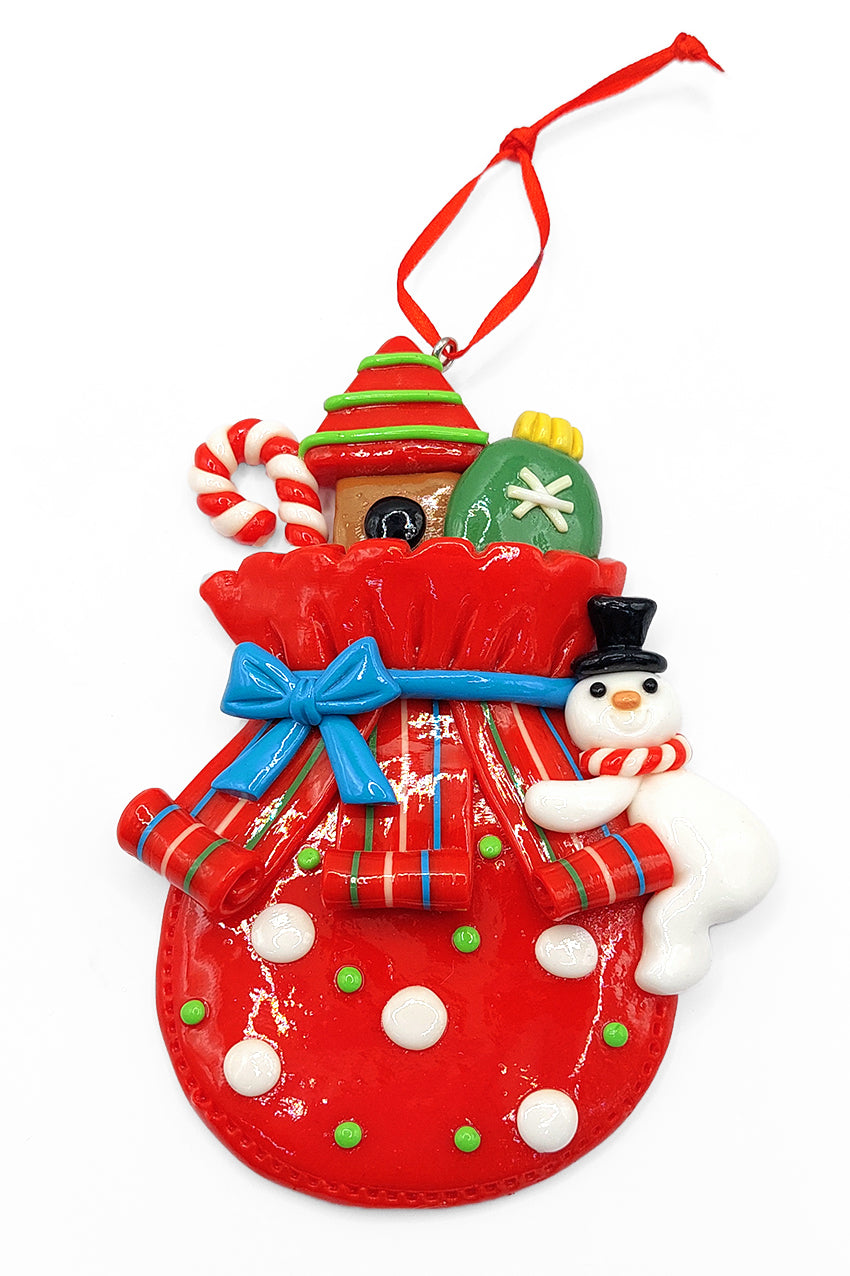 Christmas Ornament - Glossy Gingerbread Gift Bag with Snowman. Wizardi Festive Decoration F07-N2-11-AA440A