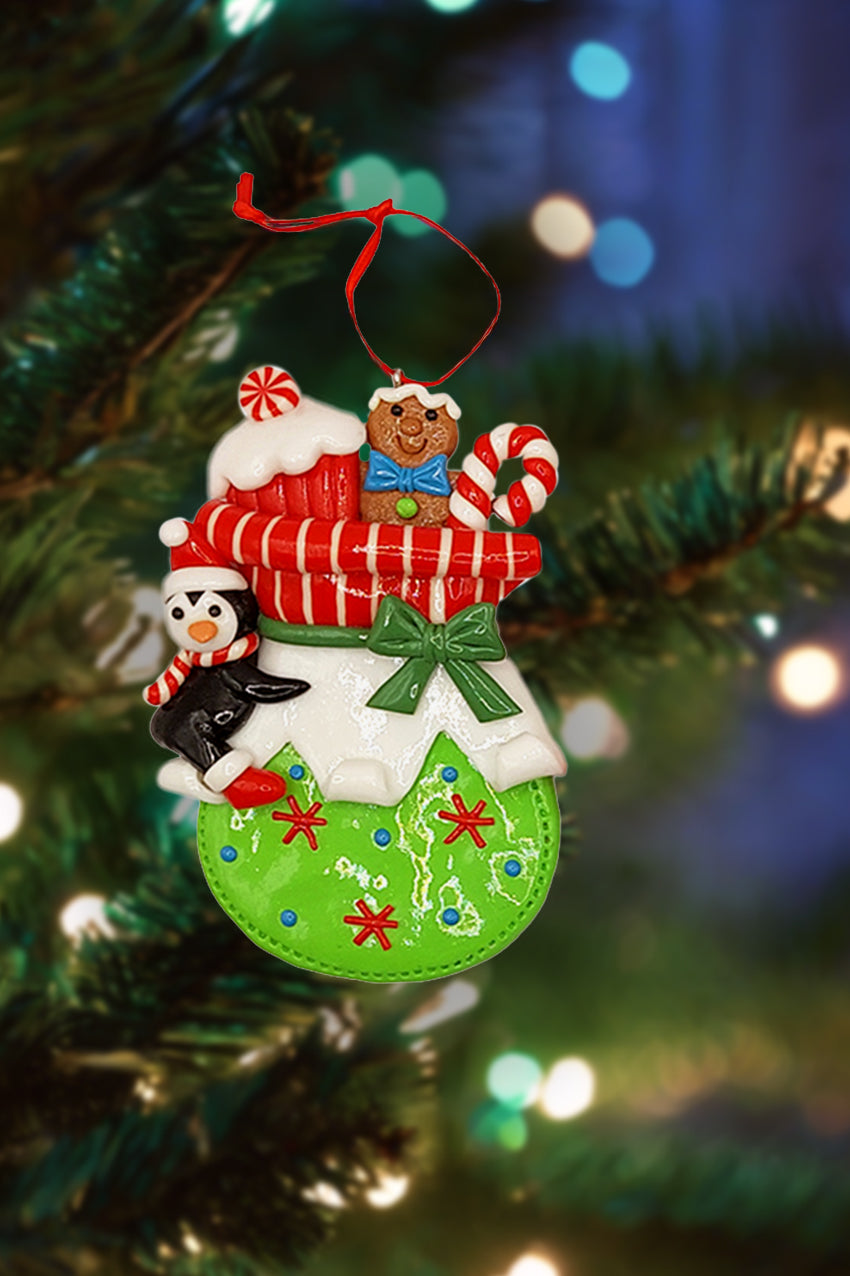 Christmas Ornament - Glossy Gingerbread Gift Bag with Penguin. Wizardi Festive Decoration F07-N2-11-AA440B